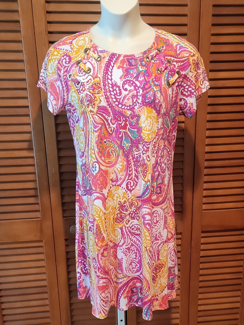 MSK WOMEN'S PINK PAISLEY SHORT SLEEVE DRESS